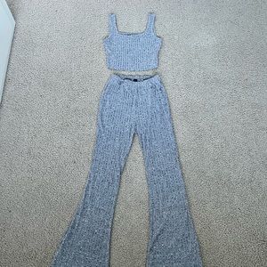 Two-piece: grey flare, high waisted leggings, with cropped tank top